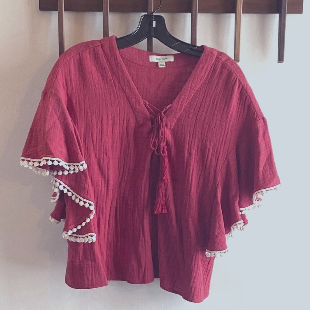 ANTHROPOLGIE DINA AGAM Bohemian Textured Pom Pom Top